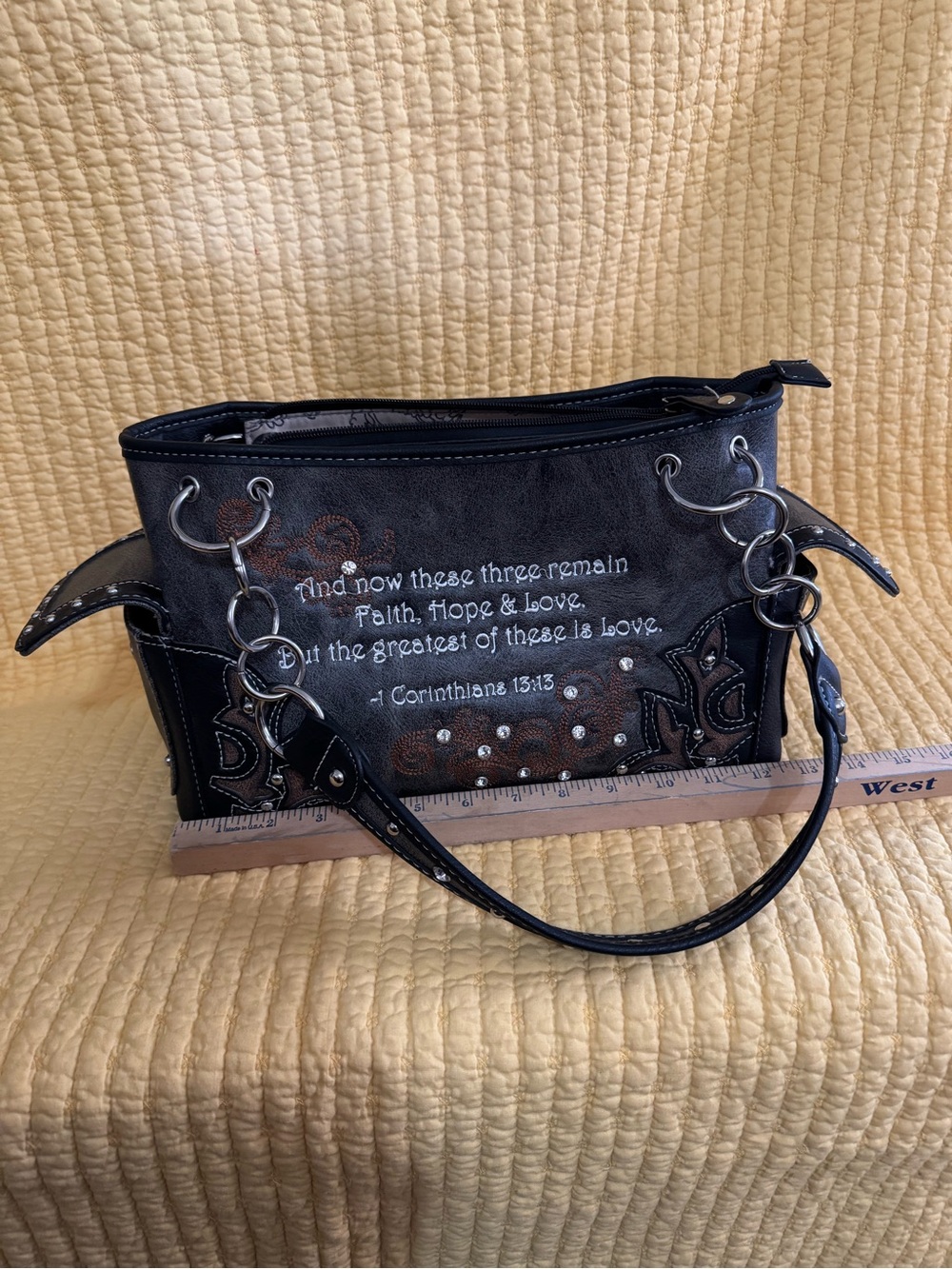 Black Embroidered Scripture Shoulder Bag with Ring Detail